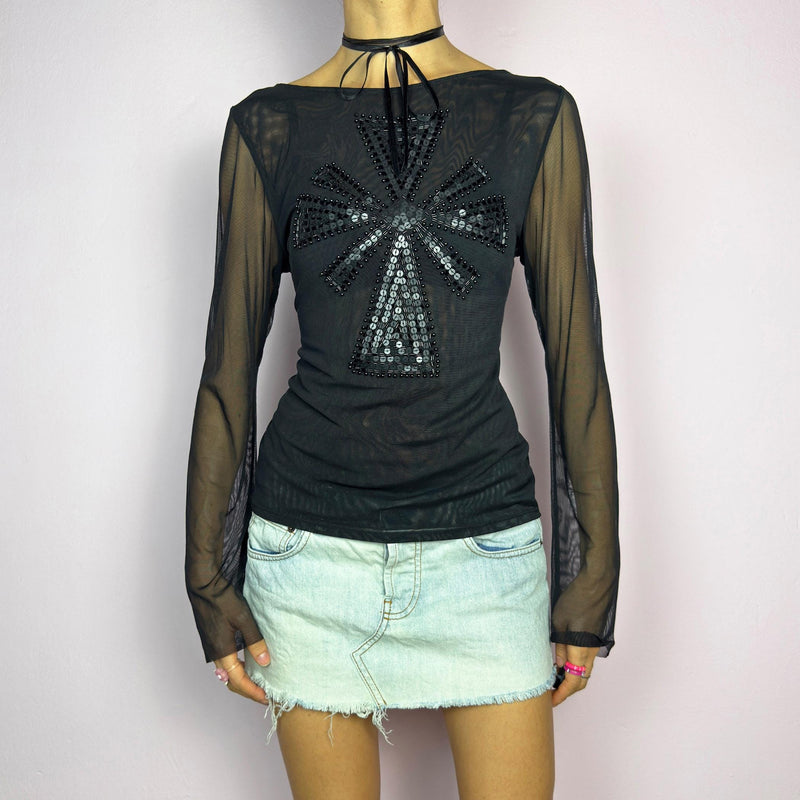 Vintage Y2K Black Sequin Embellished Mesh Sheer Top – Size M