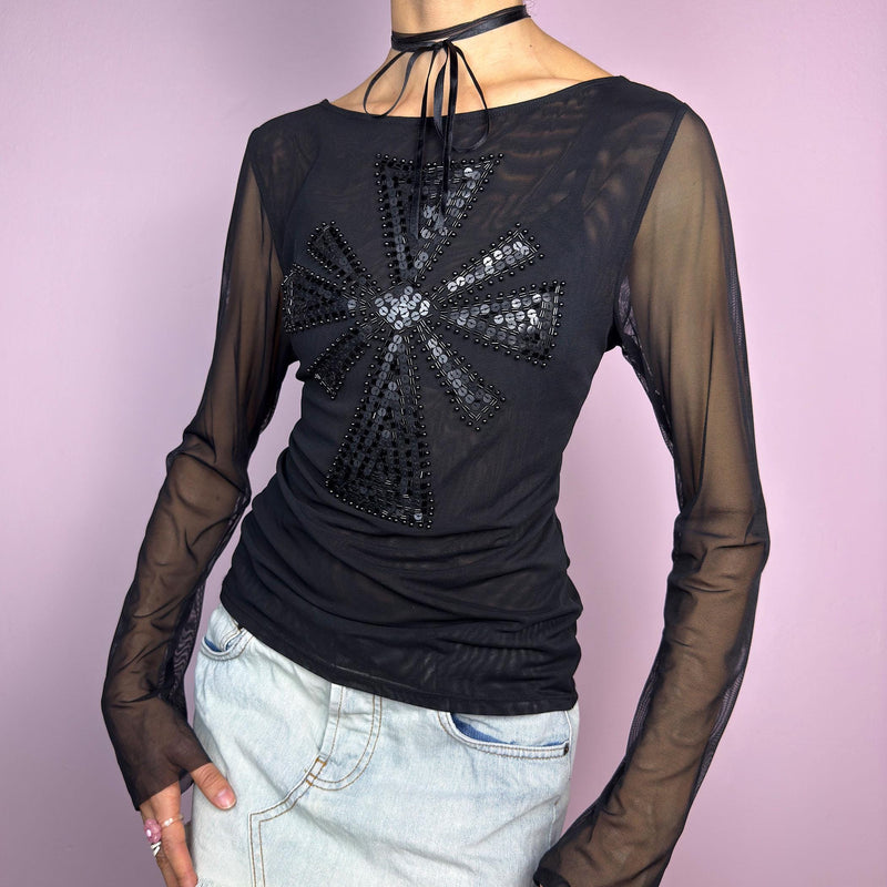 Vintage Y2K Black Sequin Embellished Mesh Sheer Top – Size M