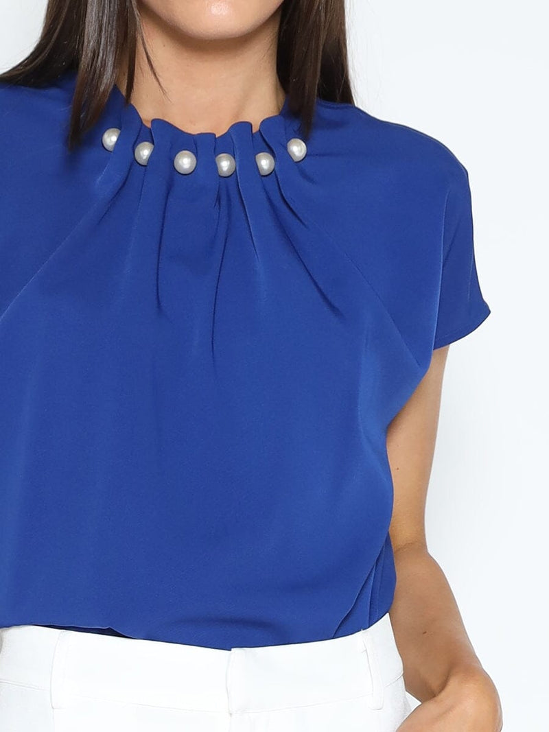 Pearl Embellished Neckline Short Sleeve Top
