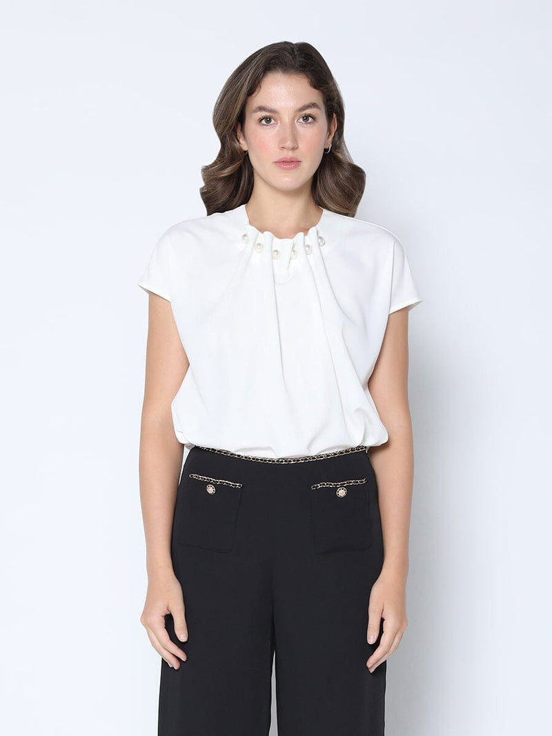 Pearl Embellished Neckline Short Sleeve Top