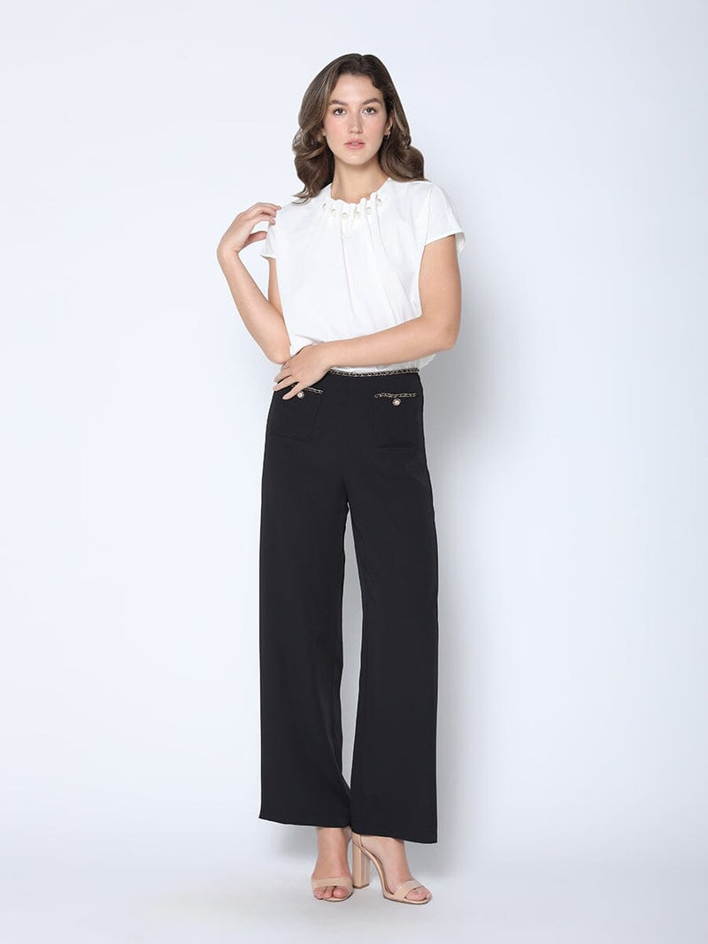 Pearl Embellished Neckline Short Sleeve Top