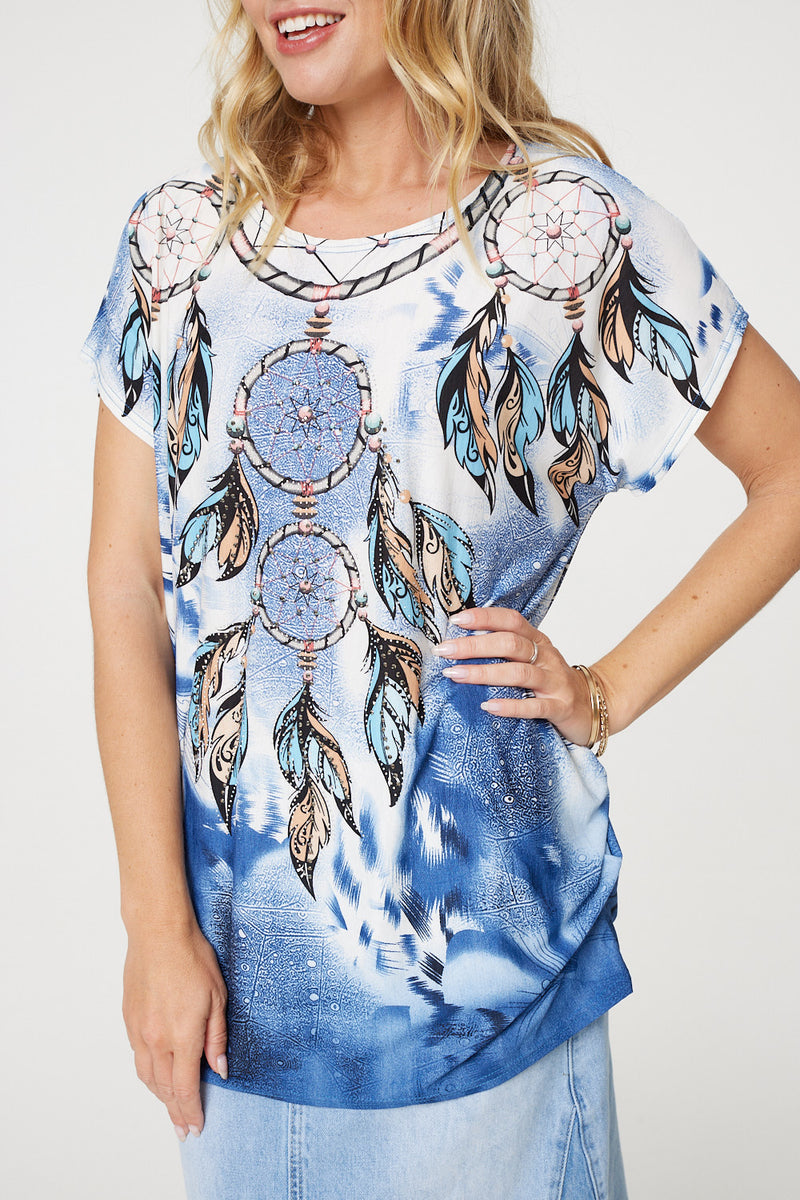 Embellished Feather Print Tunic Top