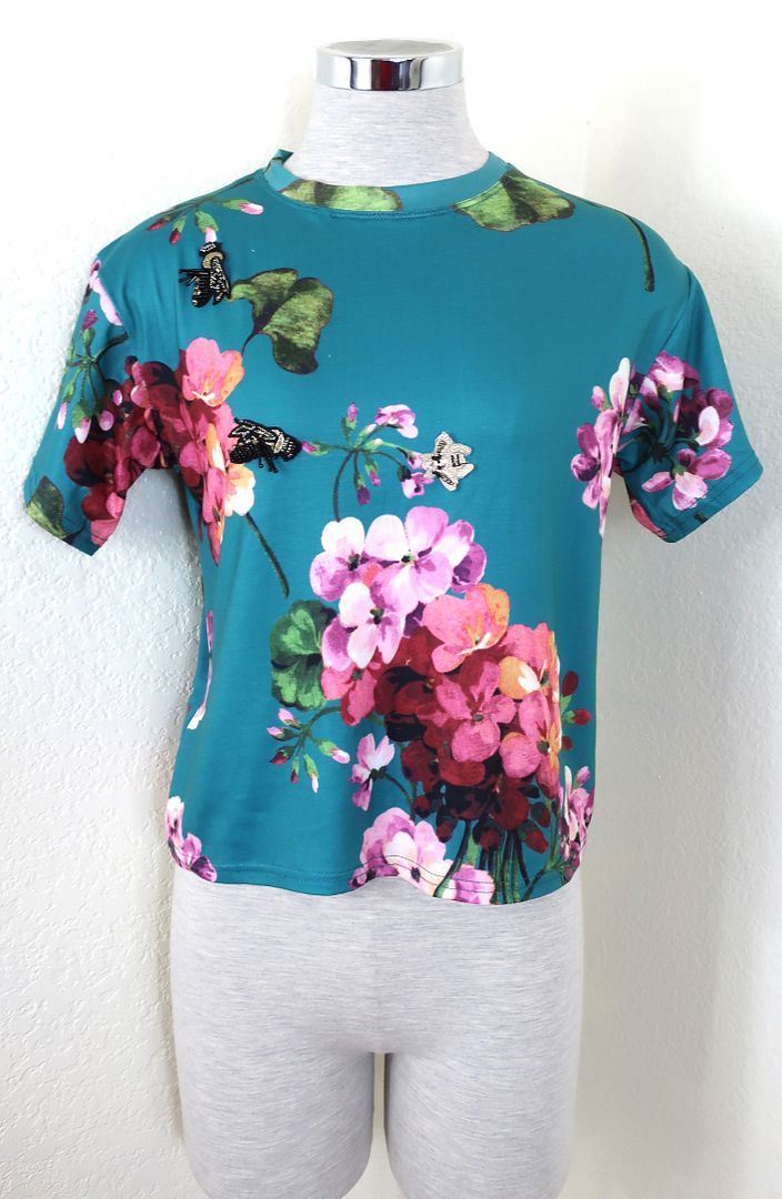 GUCCI Green Floral Bees Bee EMbellished Embroidery Cotton Tee Shirt Top Blouse Small 0 2 4