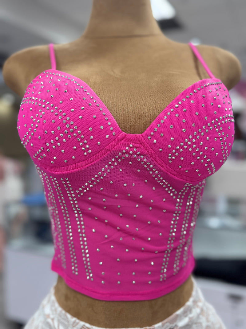Teresa Spaghetti Strap Stretch Mesh Embellished Rhinestone Tank Top