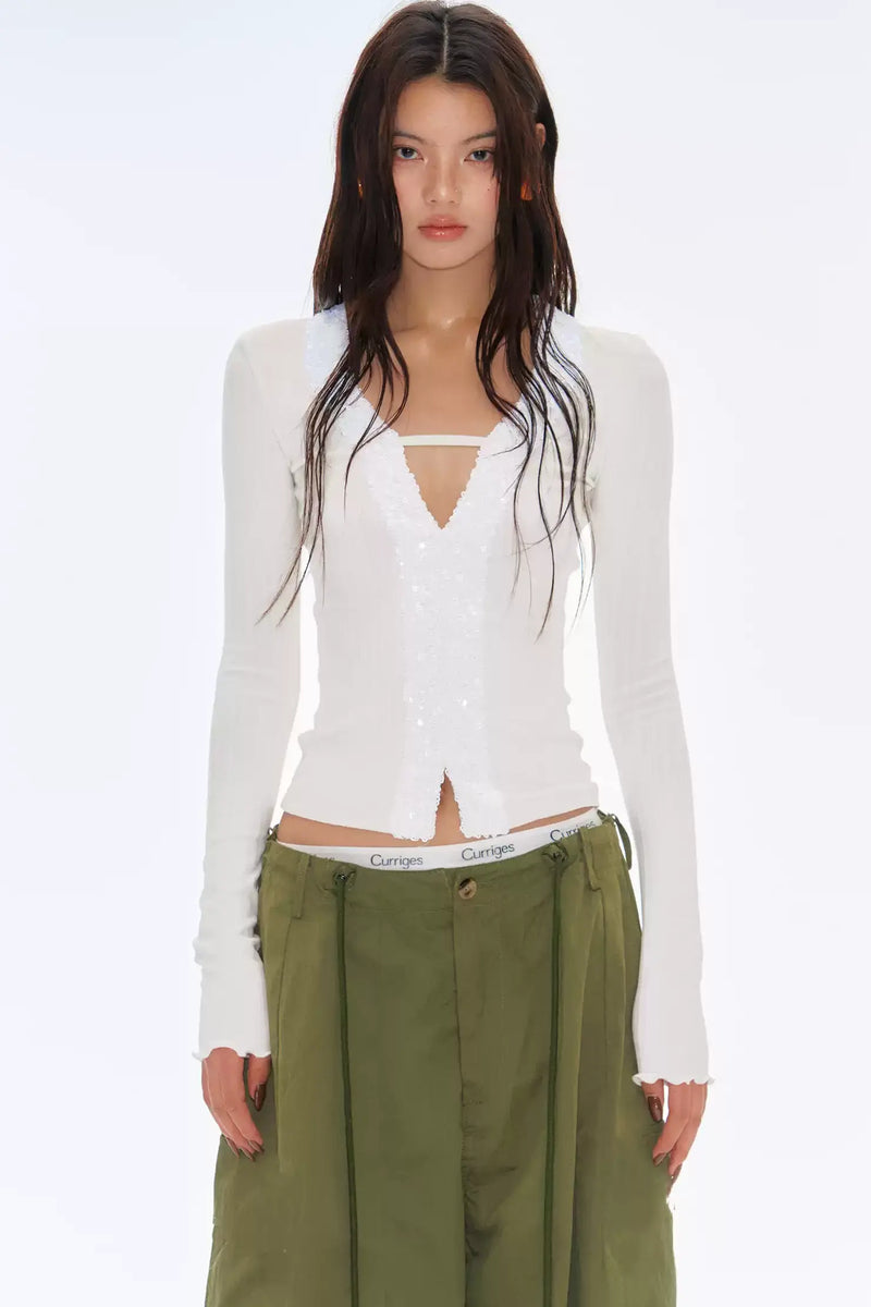 Sequin-Embellished Patchwork Knit Top