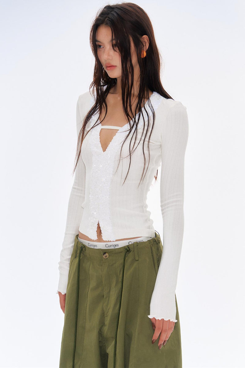 Sequin-Embellished Patchwork Knit Top