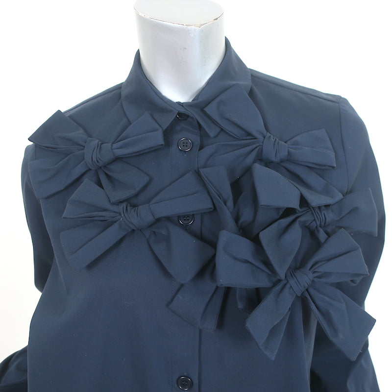 Machka Bow-Embellished Button Down Shirt Navy Poplin Size 36 Long Sleeve Top