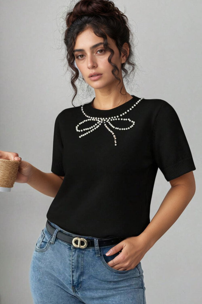 Pearl Bow Necklace Embellished Short Sleeve Knit Top Fashion
