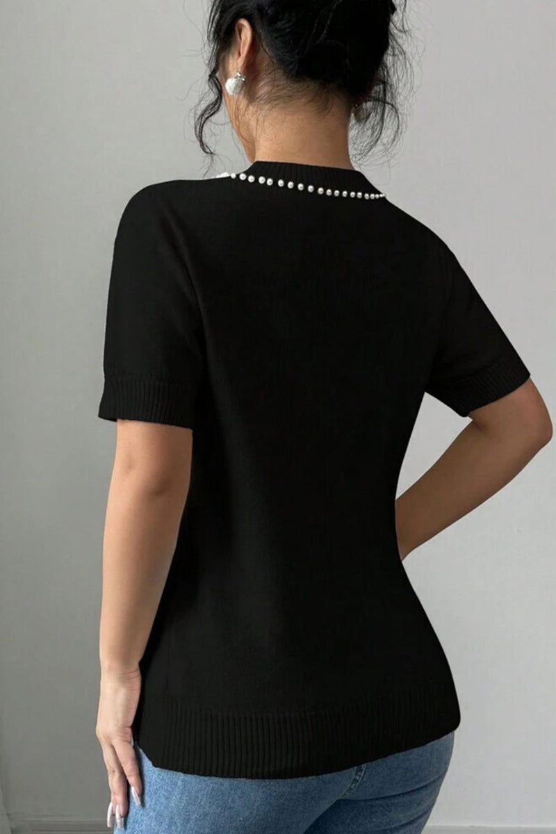 Pearl Bow Necklace Embellished Short Sleeve Knit Top Fashion