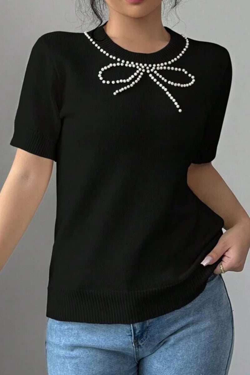 Pearl Bow Necklace Embellished Short Sleeve Knit Top Fashion