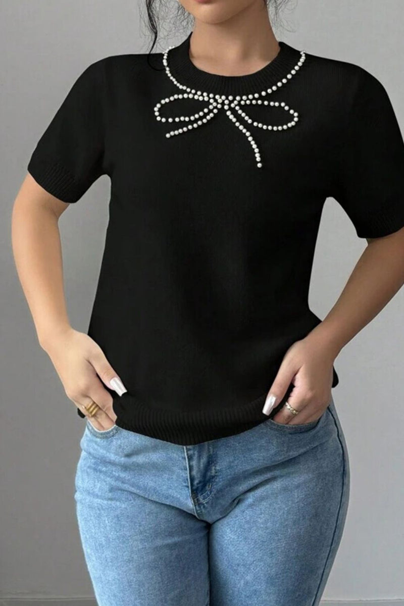 Pearl Bow Necklace Embellished Short Sleeve Knit Top Fashion