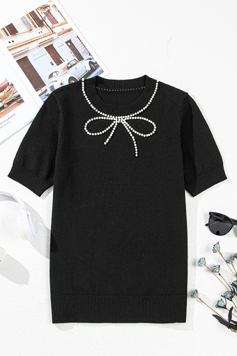 Pearl Bow Necklace Embellished Short Sleeve Knit Top Fashion