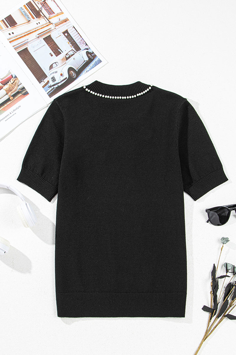 Pearl Bow Necklace Embellished Short Sleeve Knit Top Fashion