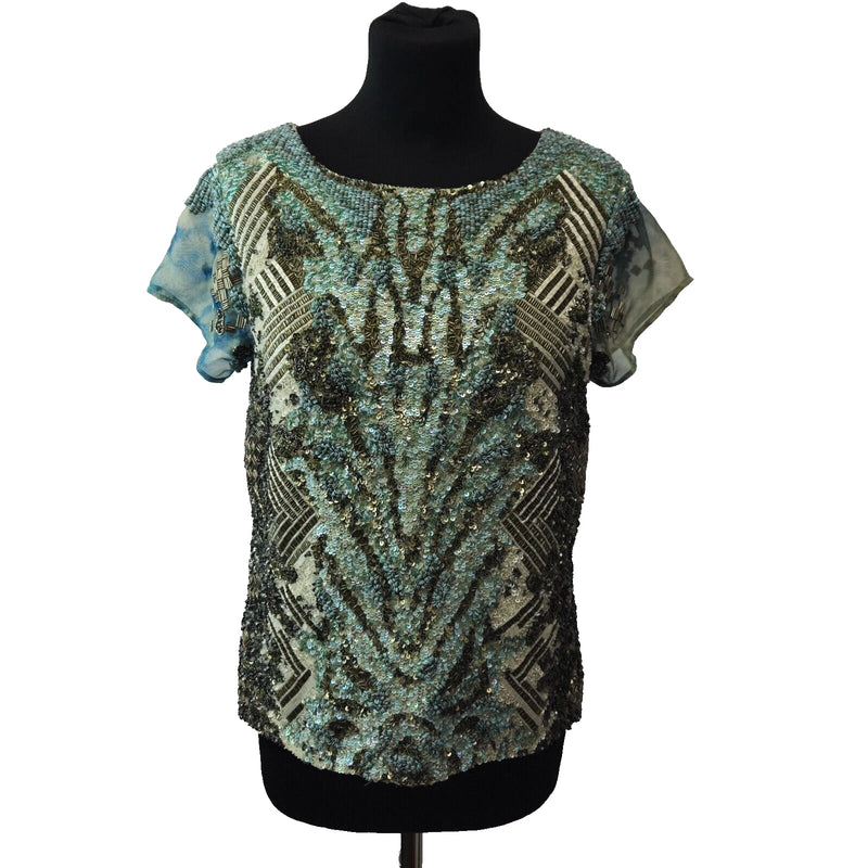 All Staints Women's Blue Heavily Hand Embellished Sequin Sheer Top Size UK 10