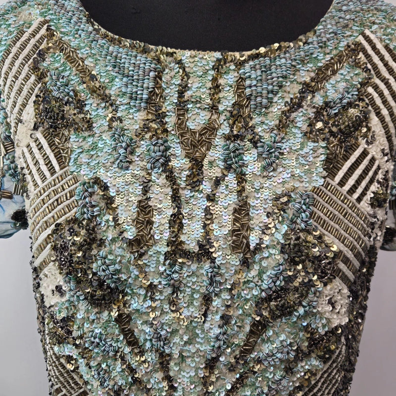 All Staints Women's Blue Heavily Hand Embellished Sequin Sheer Top Size UK 10
