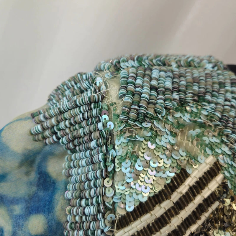 All Staints Women's Blue Heavily Hand Embellished Sequin Sheer Top Size UK 10