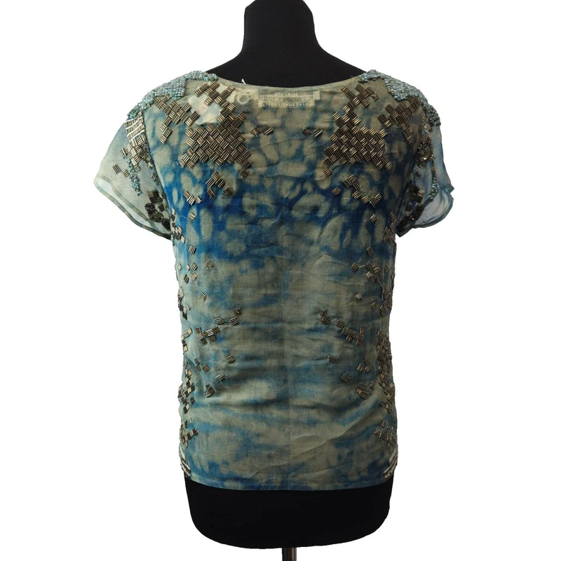 All Staints Women's Blue Heavily Hand Embellished Sequin Sheer Top Size UK 10