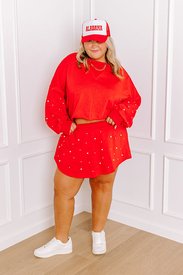 Sideline Chic Pearl Embellished Crop Sweatshirt in Red Curves