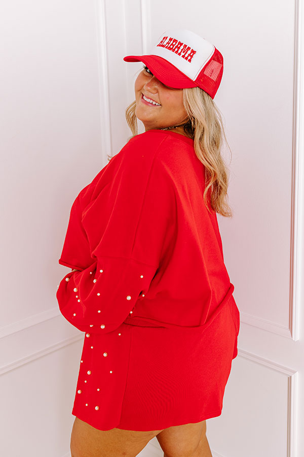 Sideline Chic Pearl Embellished Crop Sweatshirt in Red Curves