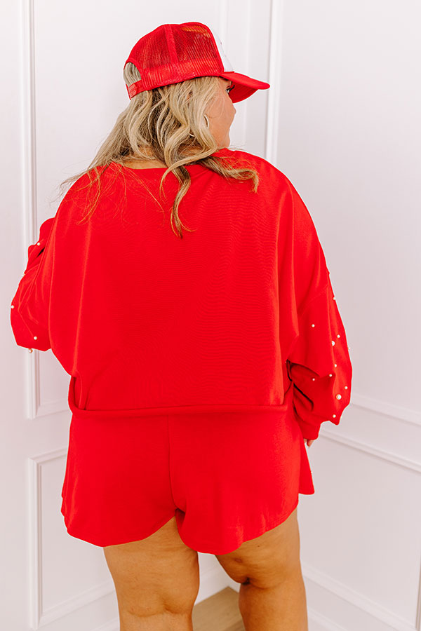Sideline Chic Pearl Embellished Crop Sweatshirt in Red Curves