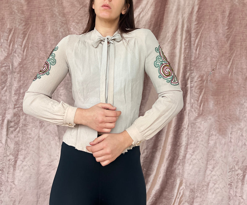 1940s Sequin Embellished Crepe Blouse