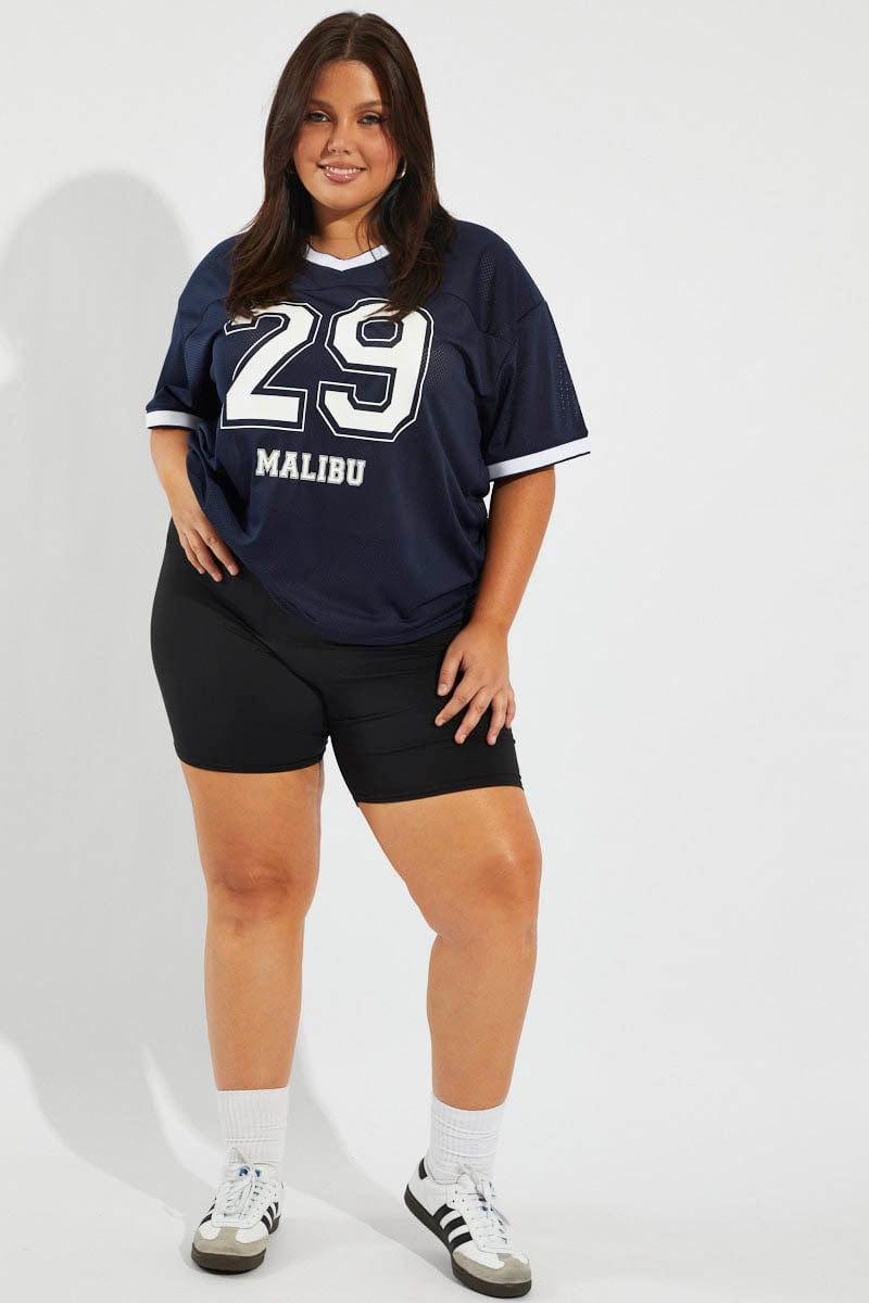 Blue Graphic Jersey Tee Short Sleeve V-neck Soccer