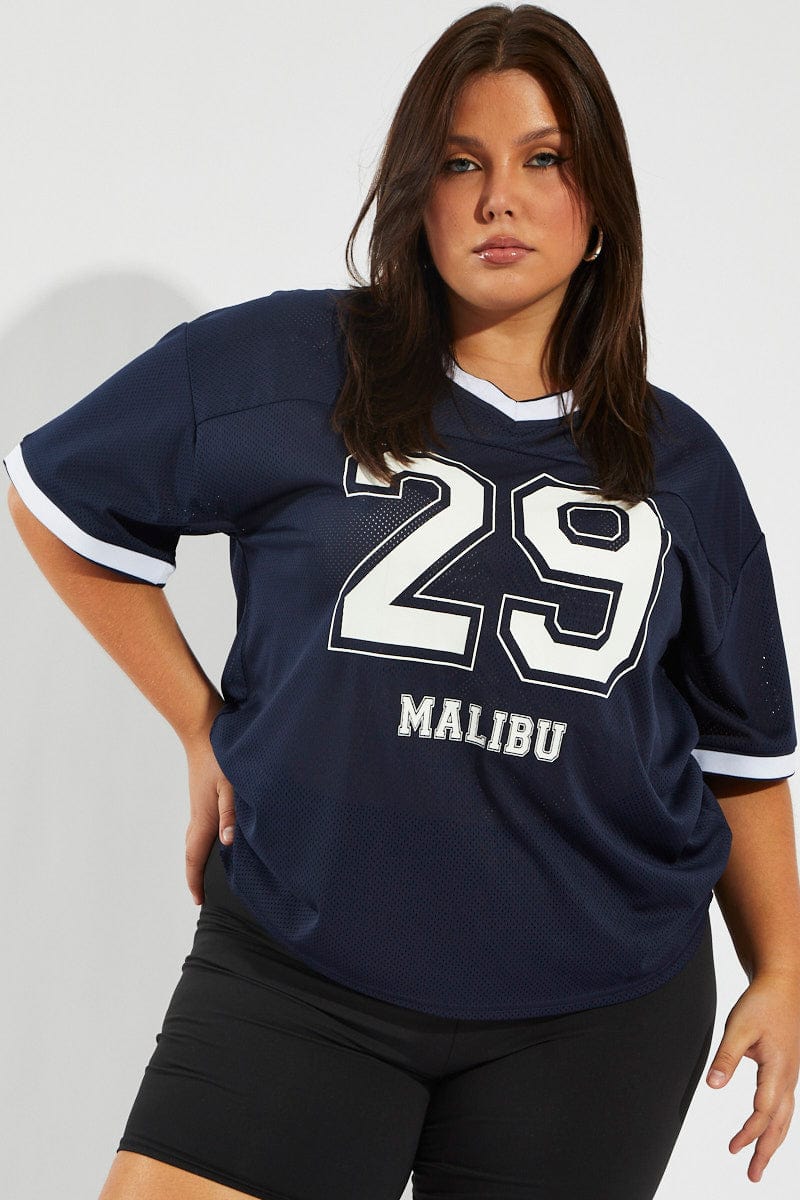 Blue Graphic Jersey Tee Short Sleeve V-neck Soccer