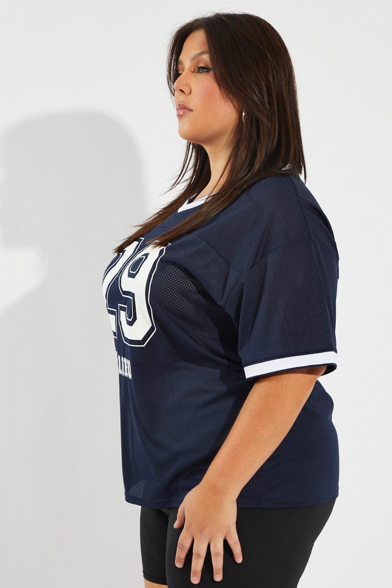 Blue Graphic Jersey Tee Short Sleeve V-neck Soccer