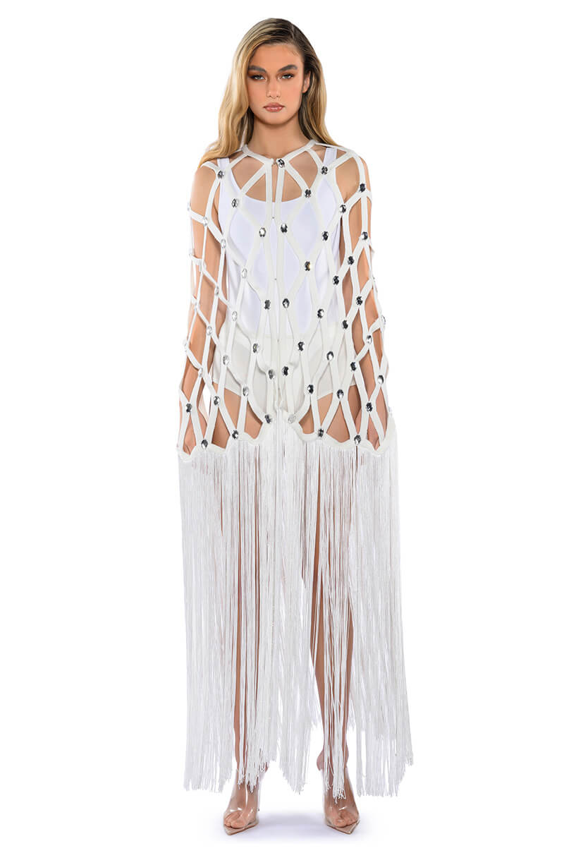 WHITE ZELINA FRINGE EMBELLISHED LONG CARDIGAN