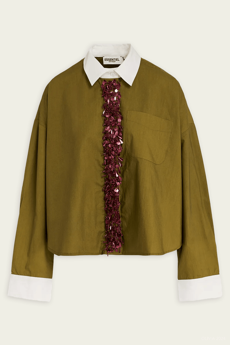 Gail Embellished Cotton Shirt in Khaki