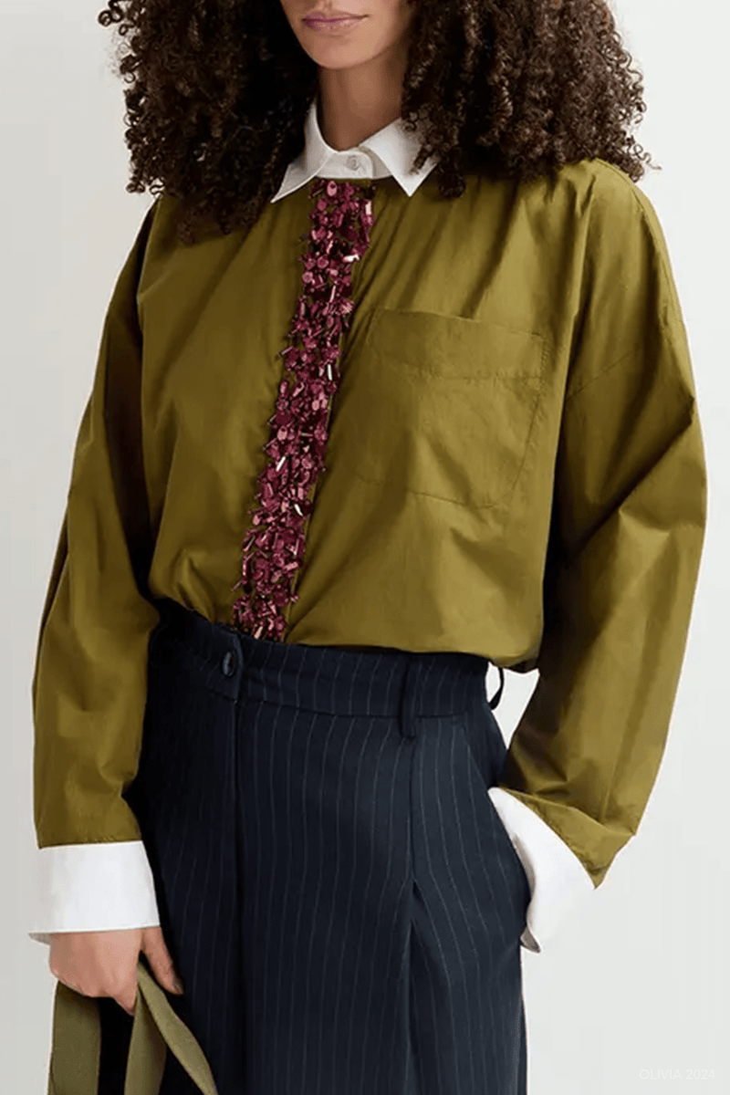Gail Embellished Cotton Shirt in Khaki