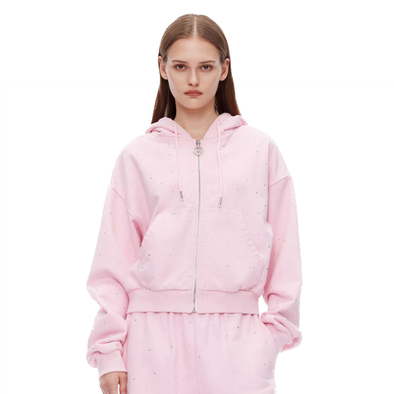 Pink Diamante Embellished Zipper Hoodie