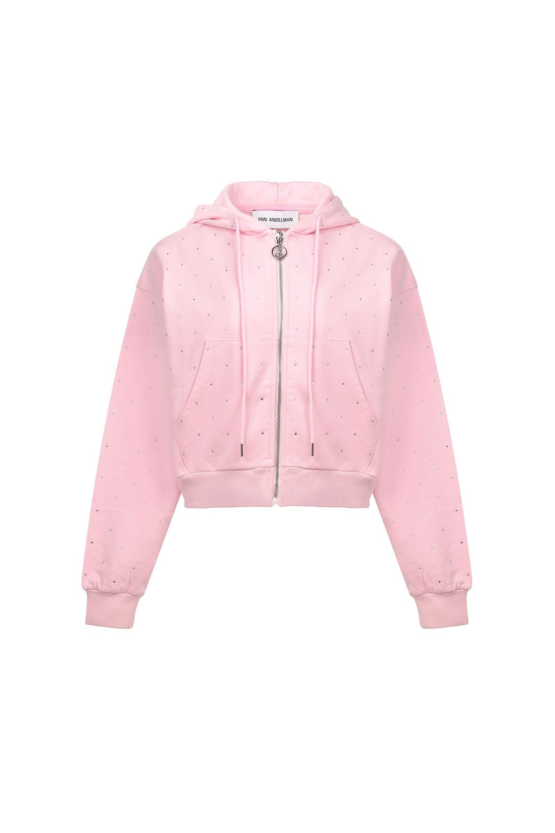 Pink Diamante Embellished Zipper Hoodie
