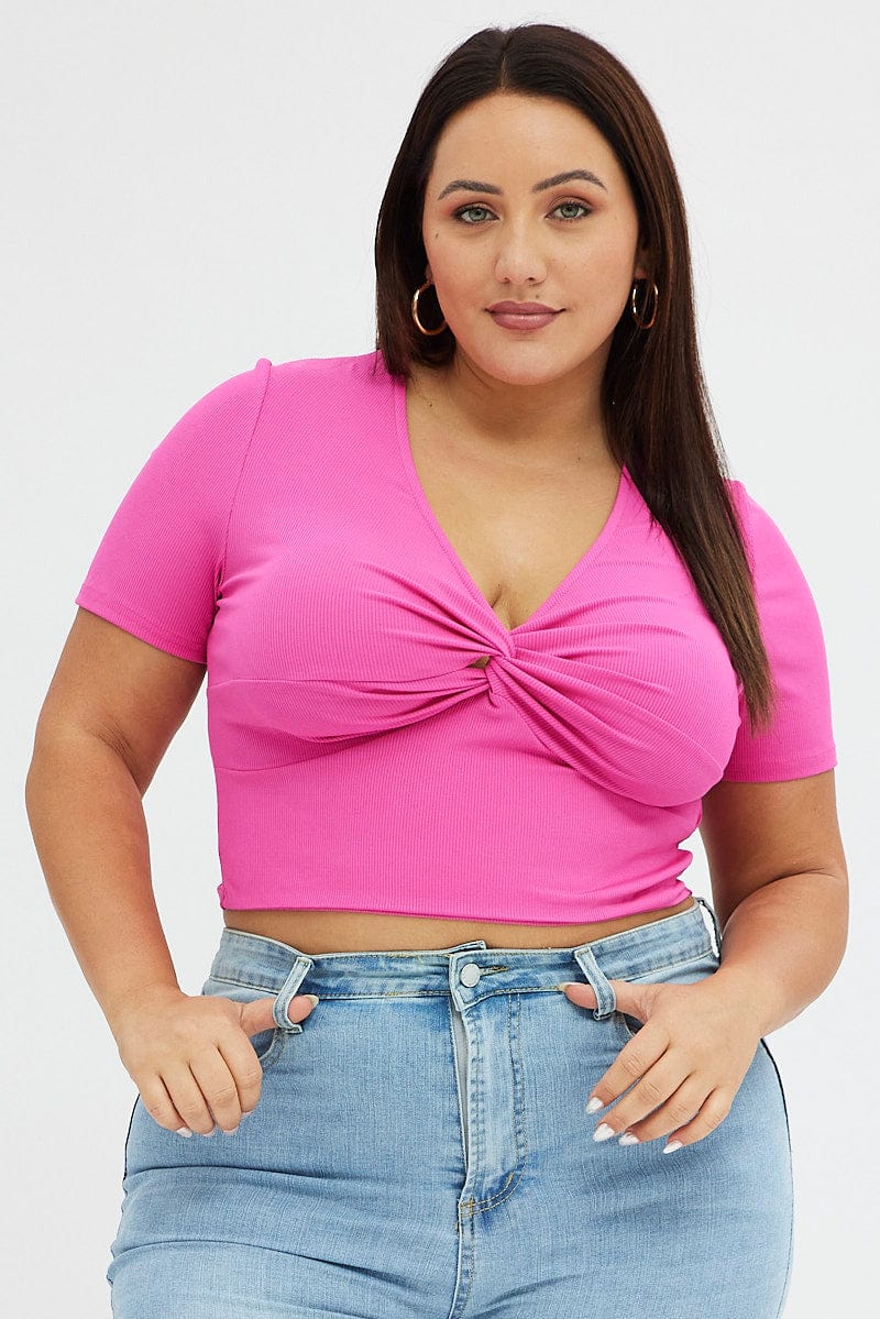 Pink Jersey Top Short Sleeve Twist Rib