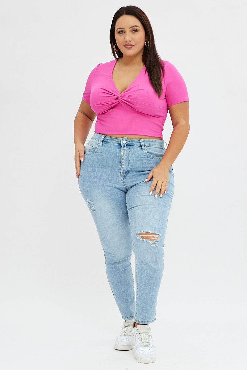 Pink Jersey Top Short Sleeve Twist Rib