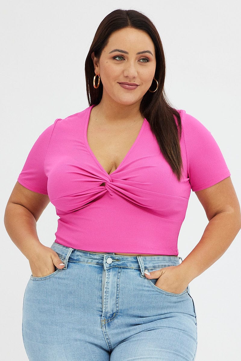 Pink Jersey Top Short Sleeve Twist Rib