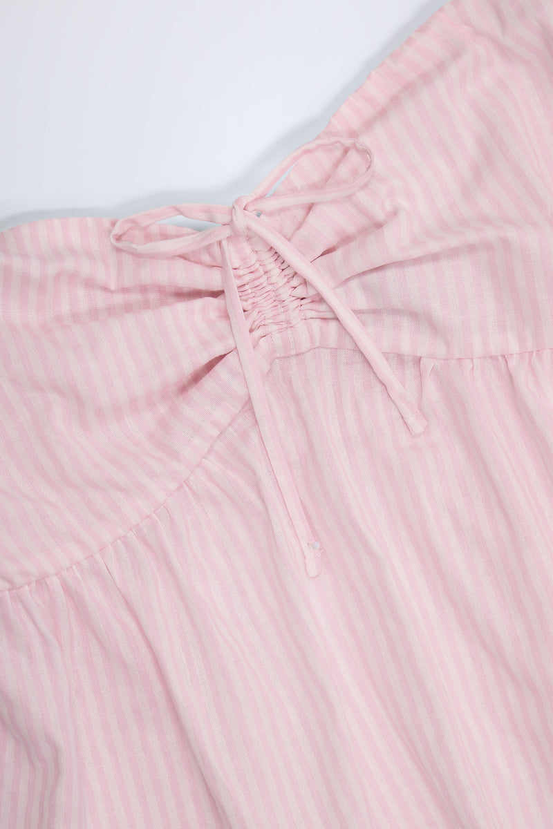 Tie-Front Bandeau Crop Top in Pink & White Stripe