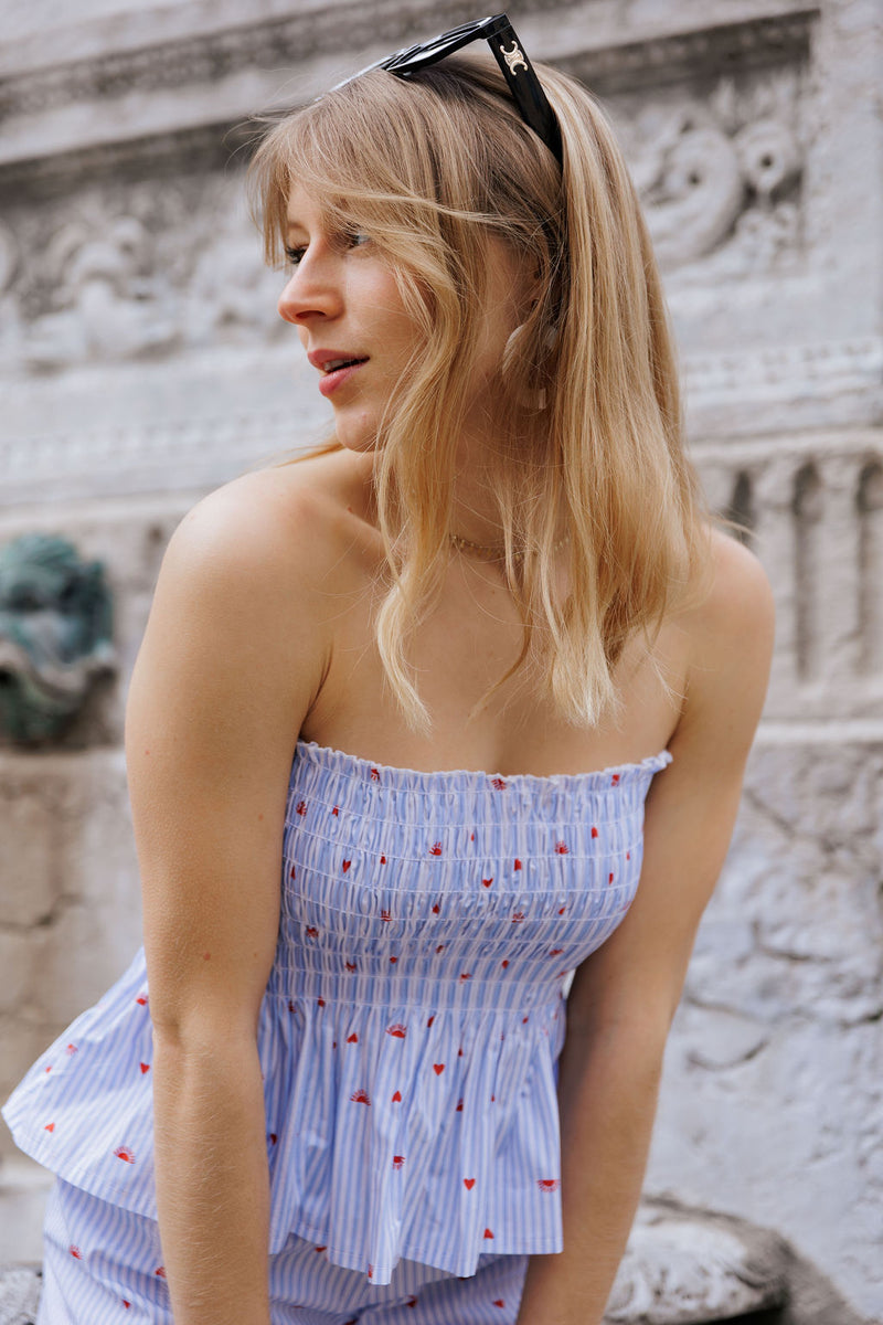 Haut bandeau smocké - Rayé bleu