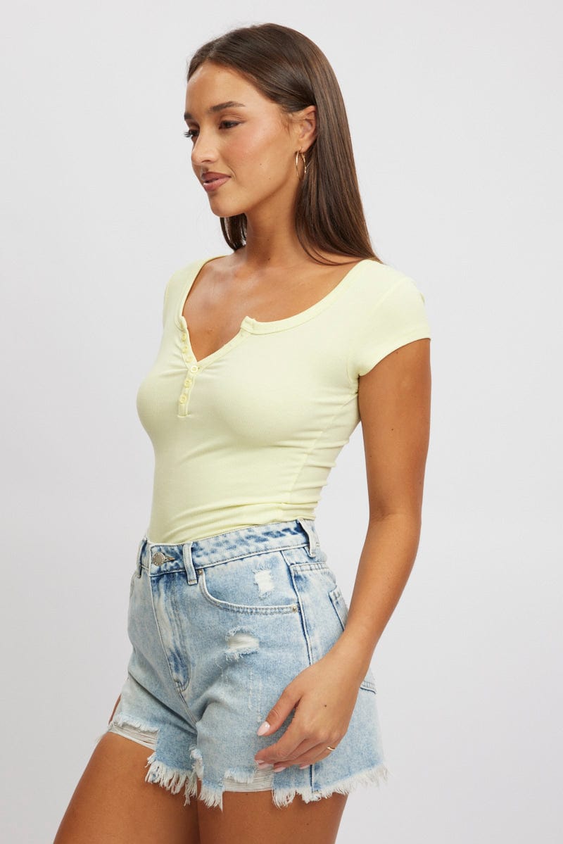 Yellow Button Down Tee Short Sleeve Rib
