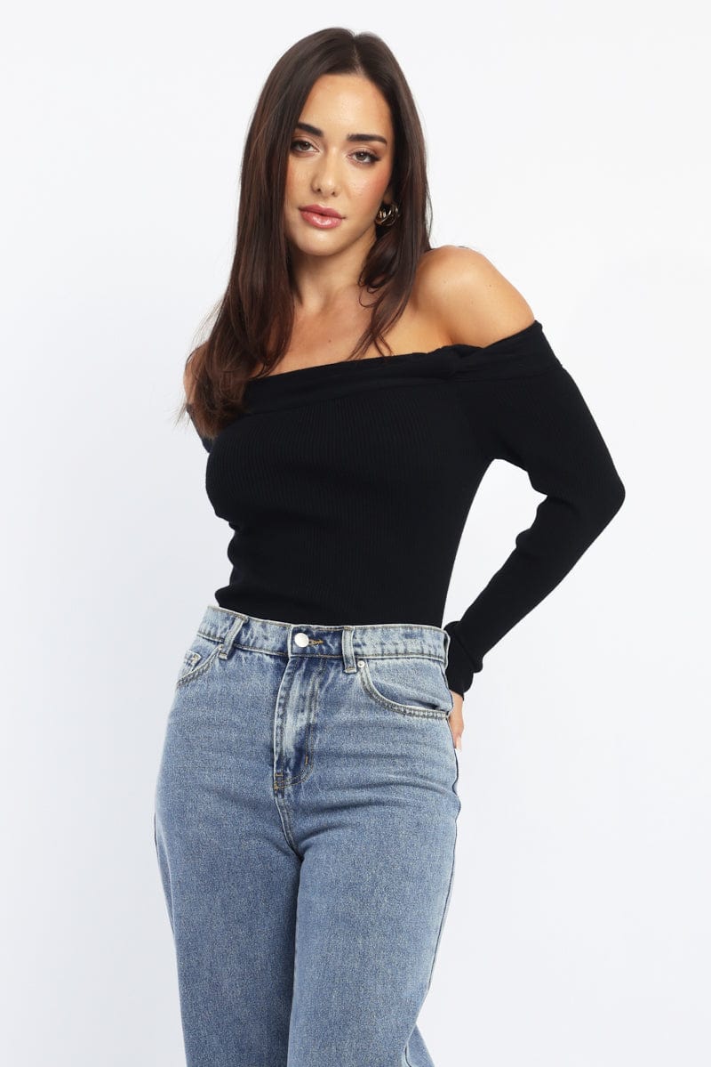Black Knit Top Long Sleeve Off Shoulder