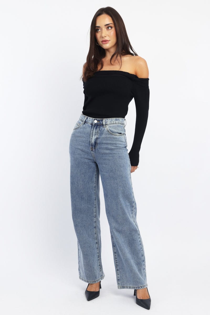 Black Knit Top Long Sleeve Off Shoulder