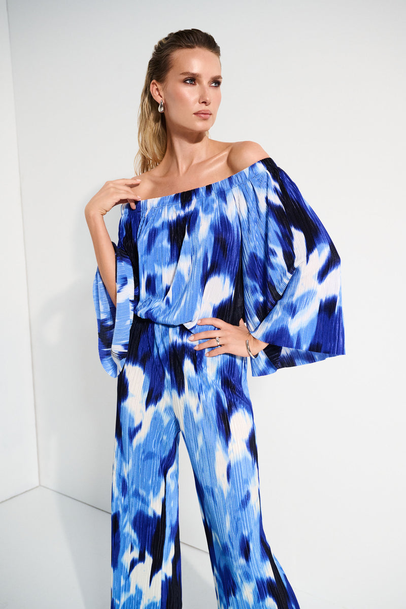 Joseph Ribkoff Blue/Vanilla Pleated Novelty Tropical Print Off-Shoulder Top Style 252227