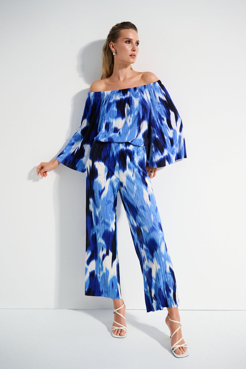 Joseph Ribkoff Blue/Vanilla Pleated Novelty Tropical Print Off-Shoulder Top Style 252227
