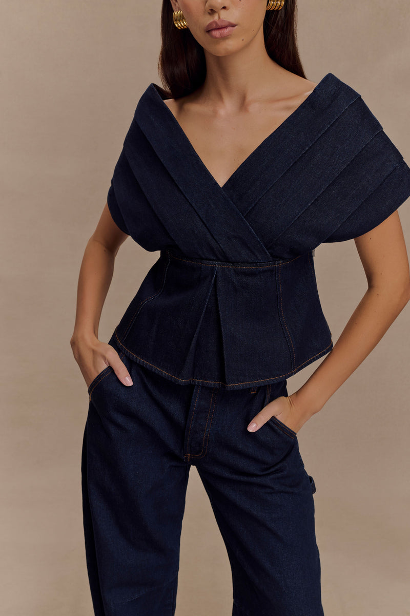 Rayne Off Shoulder Denim Top - Indigo Blue