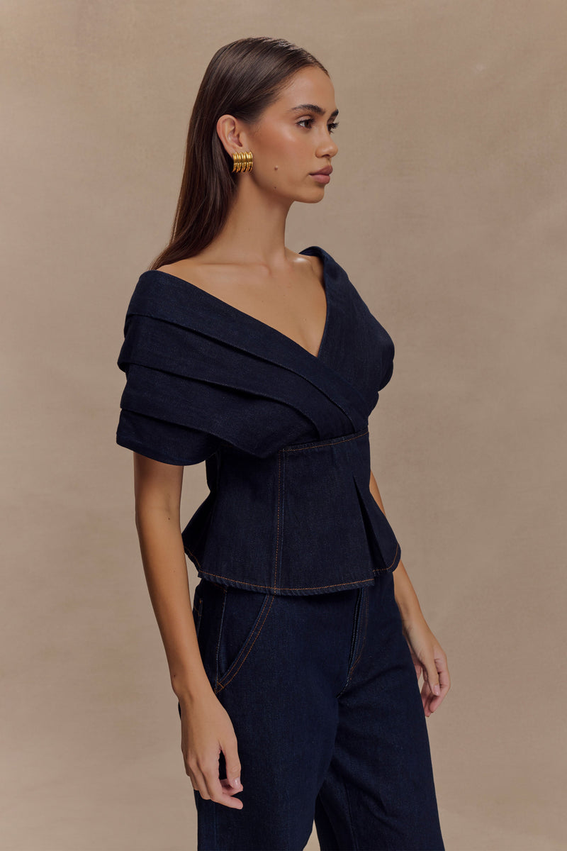 Rayne Off Shoulder Denim Top - Indigo Blue