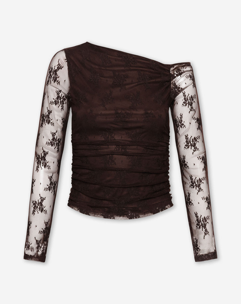 LACE OFF SHOULDER RUCHED TOP BROWN