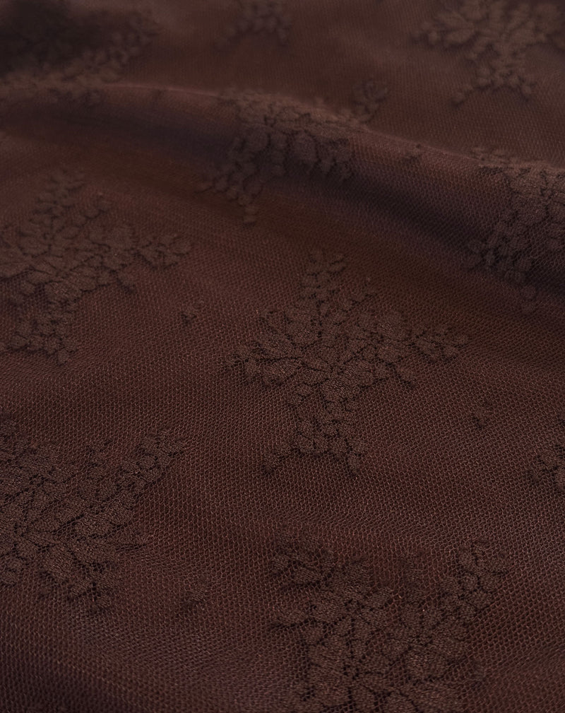 LACE OFF SHOULDER RUCHED TOP BROWN