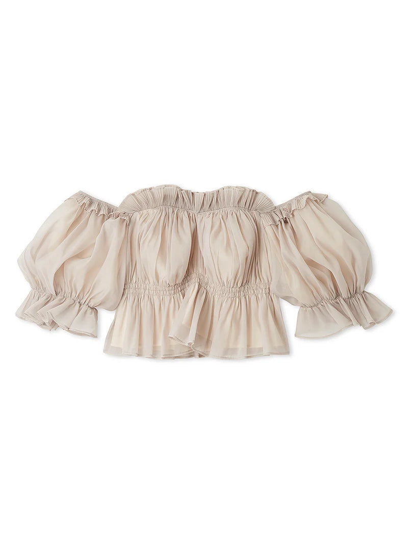 Smocked Off Shoulder Chiffon Blouse
