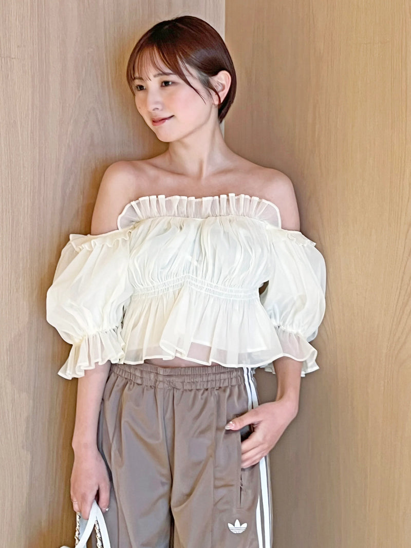 Smocked Off Shoulder Chiffon Blouse