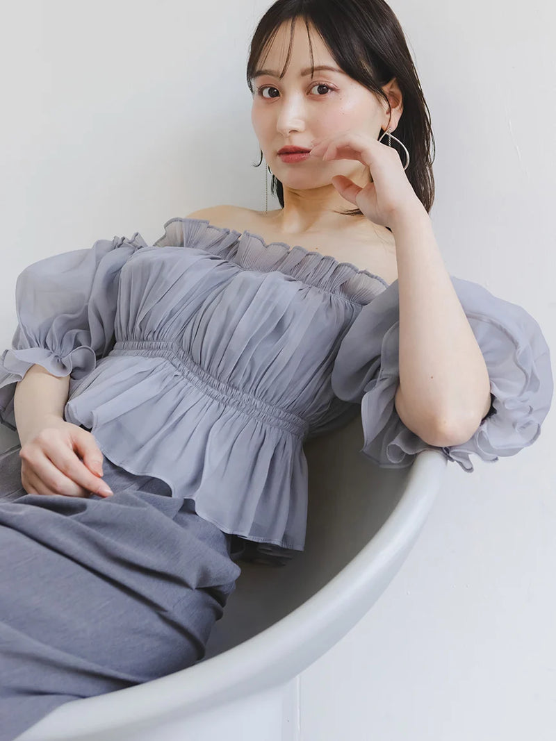 Smocked Off Shoulder Chiffon Blouse